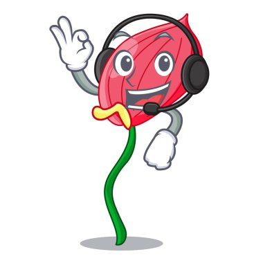 Karakter komik vektör çizim ile kulaklık pembe antoryum çiçek