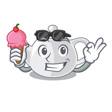 İle dondurma porselen çaydanlık seramik izole maskot vektör çizim üzerinde