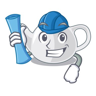 Mimar porselen çaydanlık seramik izole maskot vektör çizim üzerinde