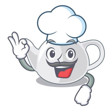 Şef porselen çaydanlık seramik izole maskot vektör çizim üzerinde