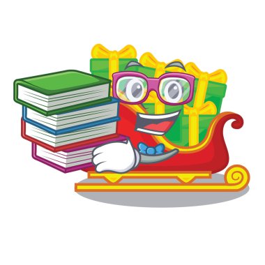 Öğrenci ile Noel kitap maskot vektör illustrartion üzerinde izole Noel Baba kızağı