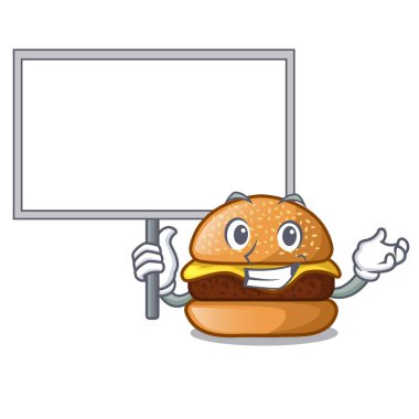 Bir maskot vektör illüstrasyon izole pano peynir hamburger getir