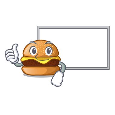 Başparmak yukarıya bir maskot vektör illüstrasyon izole pano peynir hamburger ile