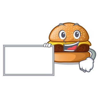 Bir maskot vektör illüstrasyon izole pano peynir hamburger ile