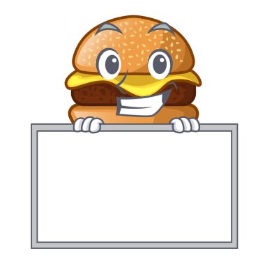 Sırıtıyor bir maskot vektör illüstrasyon izole pano peynir hamburger ile