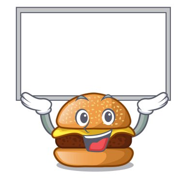 Bir maskot vektör illüstrasyon izole pano peynir burger kadar