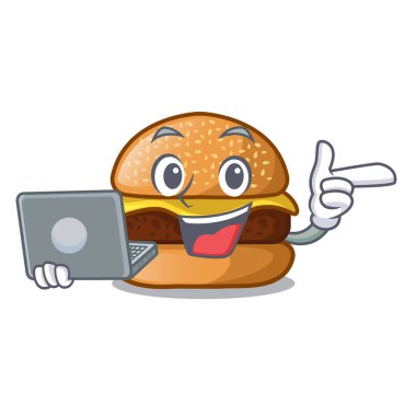 Bir maskot vektör illüstrasyon izole dizüstü peynirli hamburger ile