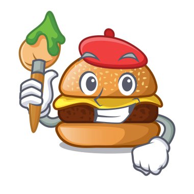 Sanatçı peynirli burger bir maskot vektör illüstrasyon izole