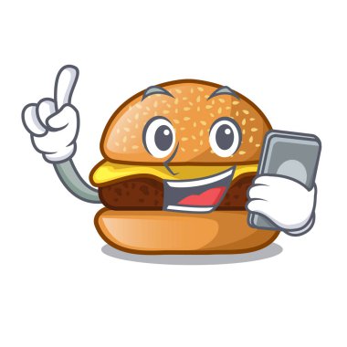 Bir maskot vektör illüstrasyon izole telefon peynirli hamburger ile