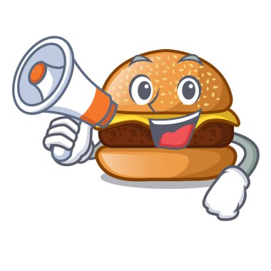 Bir maskot vektör illüstrasyon izole megafon peynirli hamburger ile