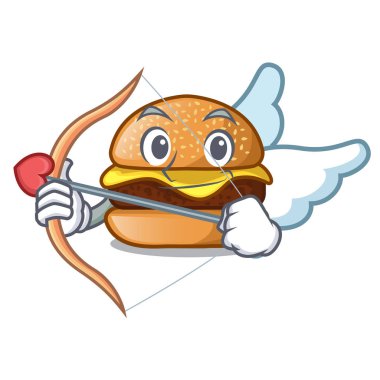 Aşk tanrısı peynirli burger bir maskot vektör illüstrasyon izole