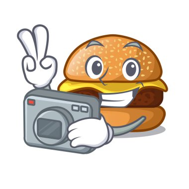 Fotoğrafçı peynirli burger plaka karikatür vektör çizim üzerinde bulunan