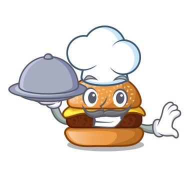 Şef ile plaka karikatür vektör çizim üzerinde bulunan gıda peynirli burger