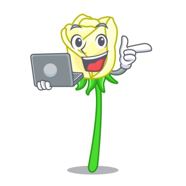 Laptop ile şekil karikatür vektör çizim içinde beyaz gül