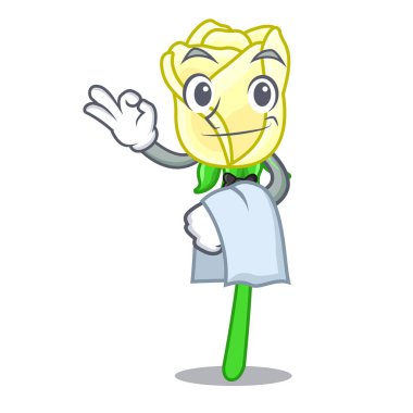 Üzerinde karakter tablo vektör çizim garson beyaz gül