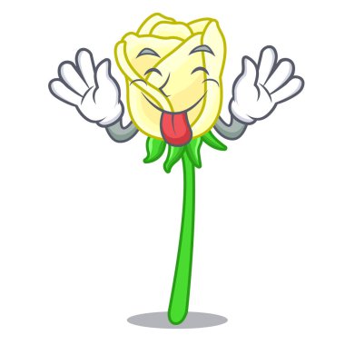 Güzel beyaz gül karikatür vektör çizim üzerinde dışarı dil