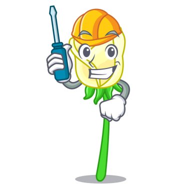 Çizgi film vektör çizim üzerinde Otomotiv güzel beyaz gül