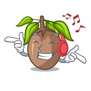 Müzik sapodilla meyve şekli çizgi film vektör çizim içinde kesmek dinleme