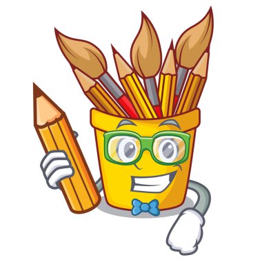 Öğrenci karakter pot kalem ahşap masa vektör çizim yukarıda