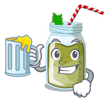 Suyu suyu yeşil ile güler yüzlü karakter Kupası vektör çizim üzerinde