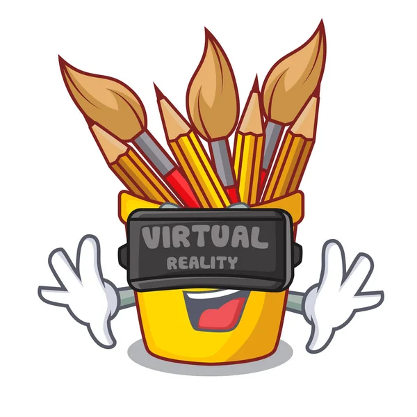 Lápis Pote Realidade Virtual Isolado Com Ilustração Vetor Mascote — Vetor de Stock