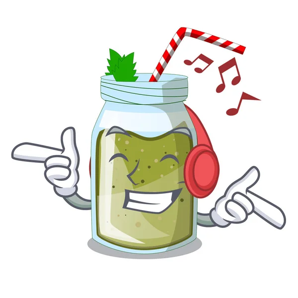 Luisteren Muziek Sap Groene Smoothie Karakter Cup Vectorillustratie — Stockvector