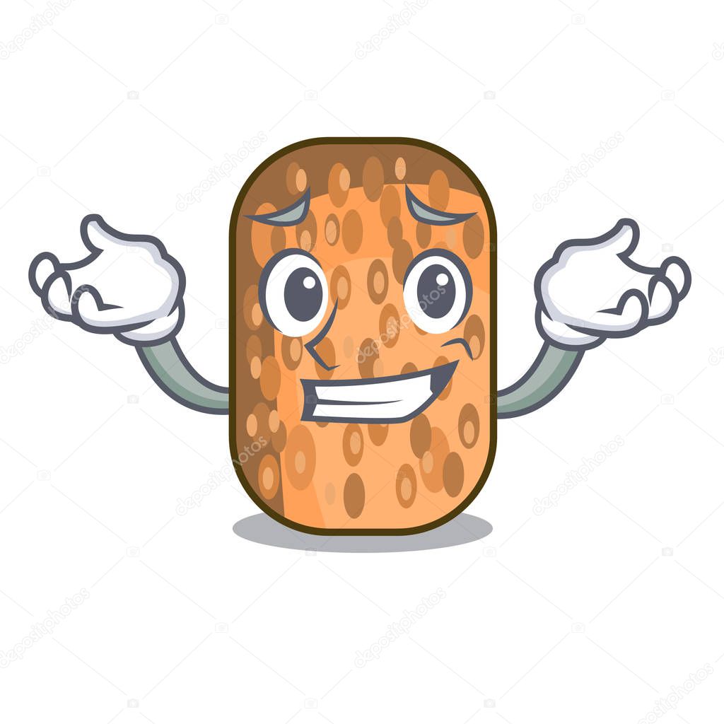 Grinning fried tempeh in bowl character wooden vector illustration
