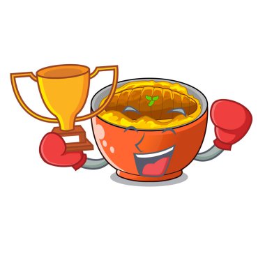 Kazanan katsudon boks maskot plaka vektör esnaf üzerinde servis edilir