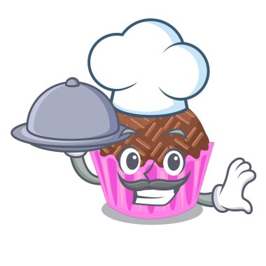 Şef ile gıda brigadeiro bir maskot vektör esnaf sarılır