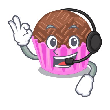 Kulaklık ile brigadeiro bir maskot vektör esnaf sarılır