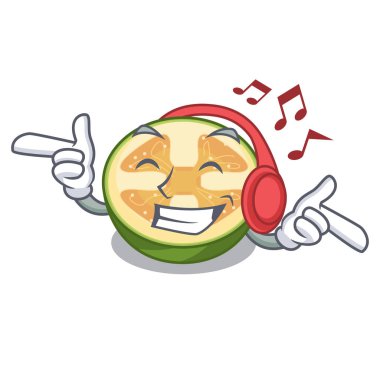 Dinleme müzik feijoa meyve dilimleri karikatür plaka vektör çizim