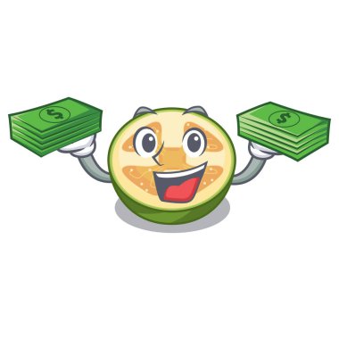 Para çantası feijoa meyve dilimleri ile karikatür plaka vektör çizim