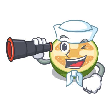 Denizci karikatür plaka vektör çizim dürbün feijoa meyve dilimleri ile