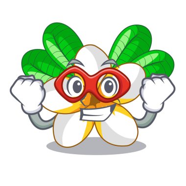 Süper kahraman frangipani chracter pot vektör çizim çiçek