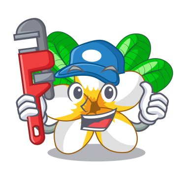 Tesisatçı çiçek frangipani maskot vektör illüstrasyon izole