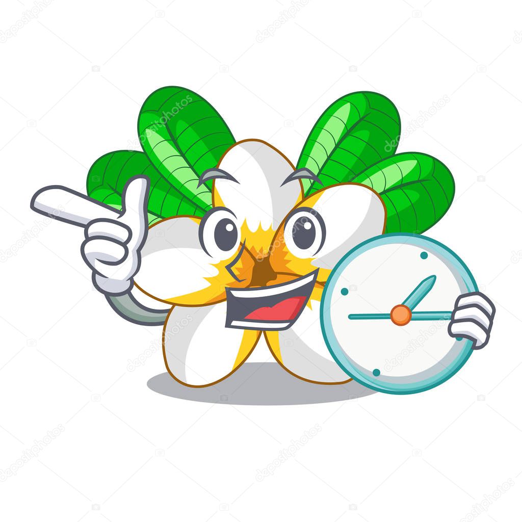 With clock frangipani flowers in the chracter pot vector illustration