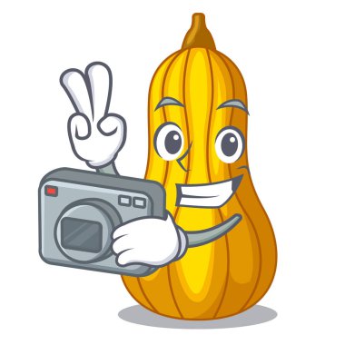 Fotoğrafçı squash meyve karikatür ahşap kutu vektör çizim