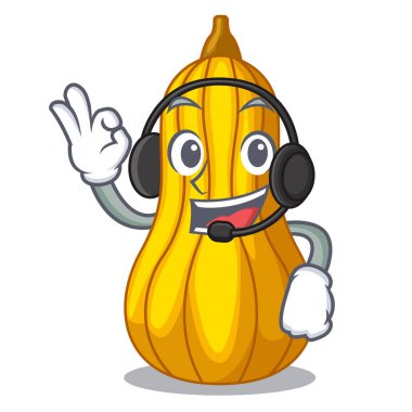 İçinde bir maskot meyve sepeti vektör çizim ile kulaklık kabak