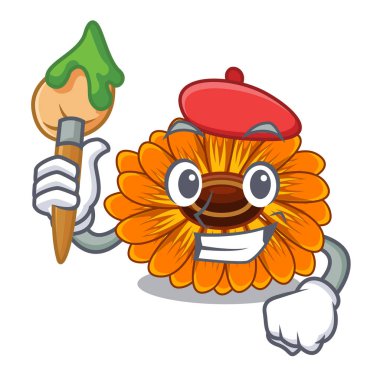 Sanatçı calendula çiçek karikatür tencere illüstrasyon vektör