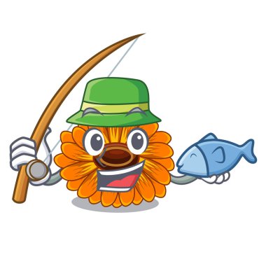 Balık tutma calendula çiçek maskot kök vektör illustratrion