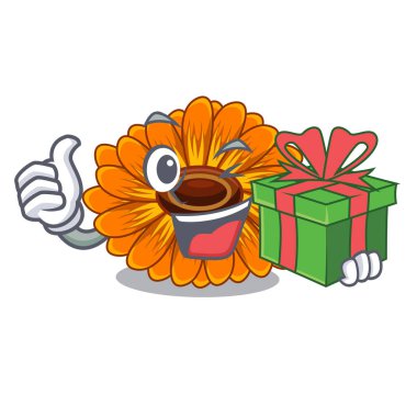 Mascot hediye calendula çiçekli vektör illustratrion kök