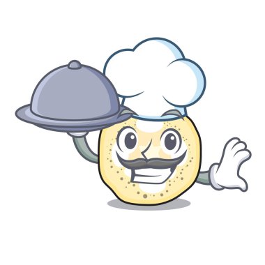 Şef bir karikatür tava vektör çizim gıda patlıcan dilimleri ile