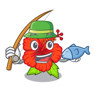 Balık tutma hambiscus karakter ağacı vektör çizim çiçek