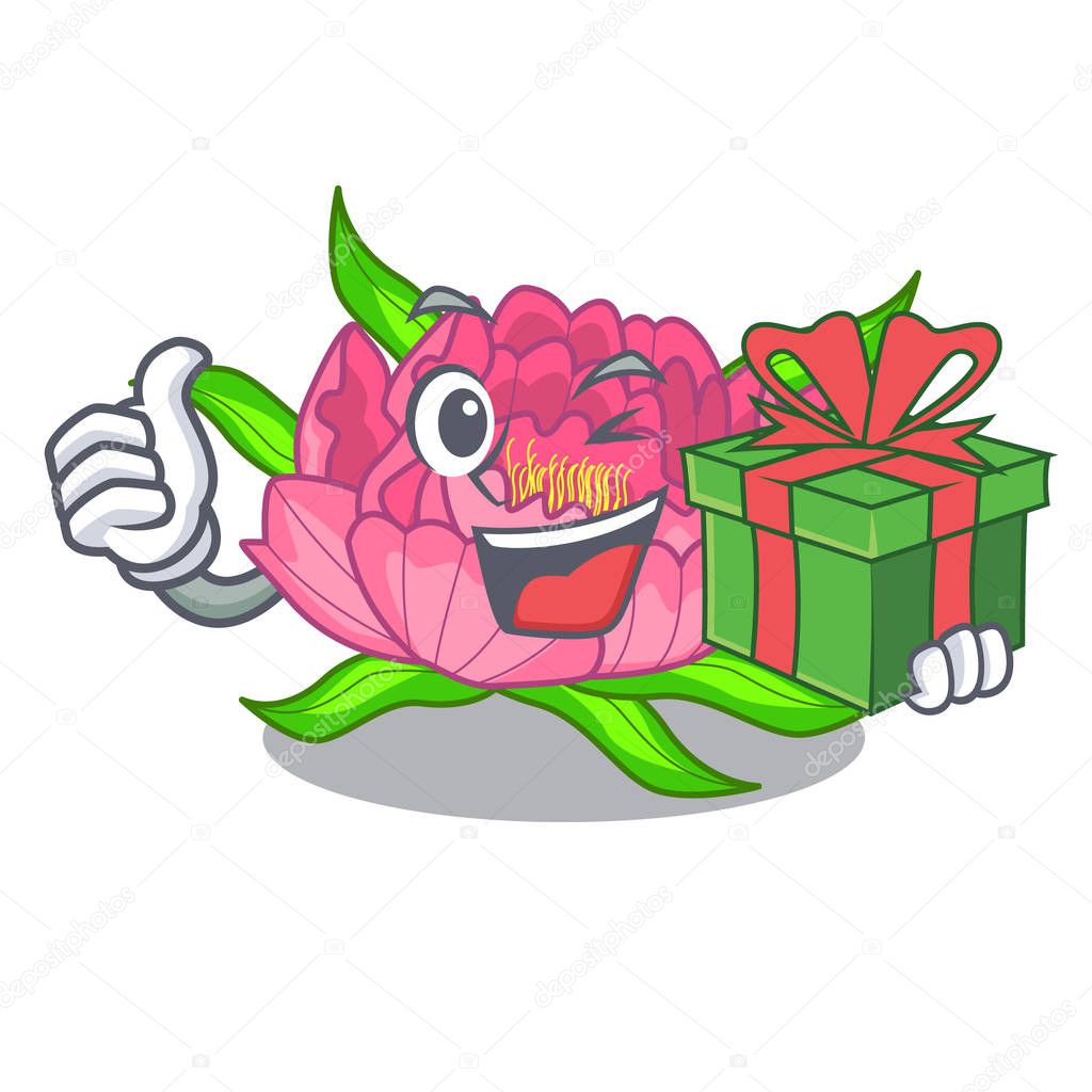 With gift flower tree poeny in character form vector illustration