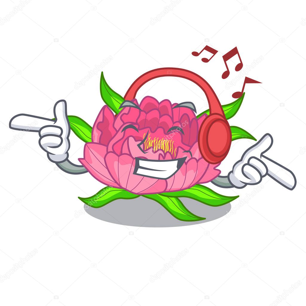 Listening music flower tree poeny in character form vector illustration