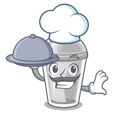 Şef ile gıda plastik kap üzerinde maskot vektör çizim ile izole