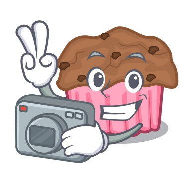 Fotoğrafçı çikolata muffins ızgara kurulu karakter vektör çizim üzerinde