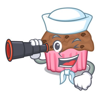 Denizci ile ızgara kurulu karakter vektör çizim üzerinde dürbün çikolata muffins