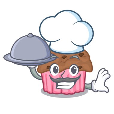 Şef yiyecek çikolata kek üzerinde ızgara kurulu karakter vektör çizim ile