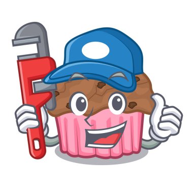 Tesisatçı çikolata muffins maskot tabakta illüstrasyon vektör
